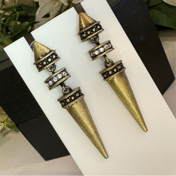 Antique Gold Spike Drop Statement Earrings. Post stud Dangle. Unique & Fun! - Picture 3 of 8